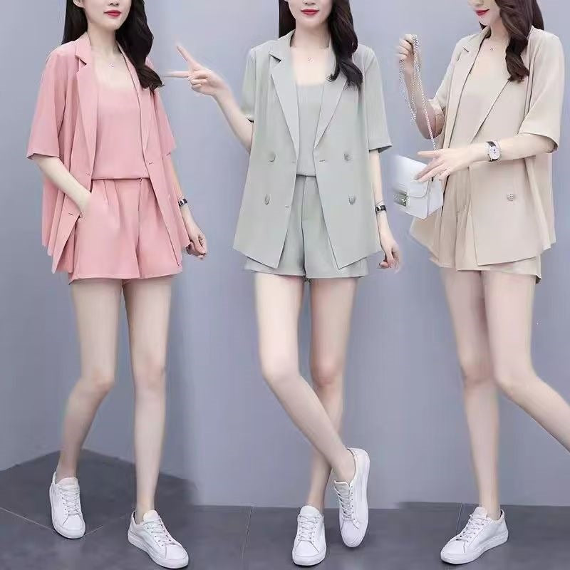 Large-Size Women's Summer New Meat-Covery Temperament Sling Suit Suit Jacket With Thin Shorts Three-Piece Set