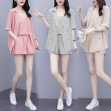 Large-Size Women's Summer New Meat-Covery Temperament Sling Suit Suit Jacket With Thin Shorts Three-Piece Set