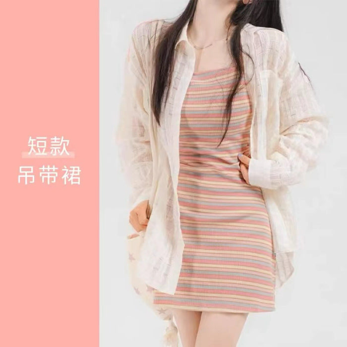 Rainbow Hanging Dress Women's Summer New French Mini-Designed Slimming Spice Girl Short Dress Set