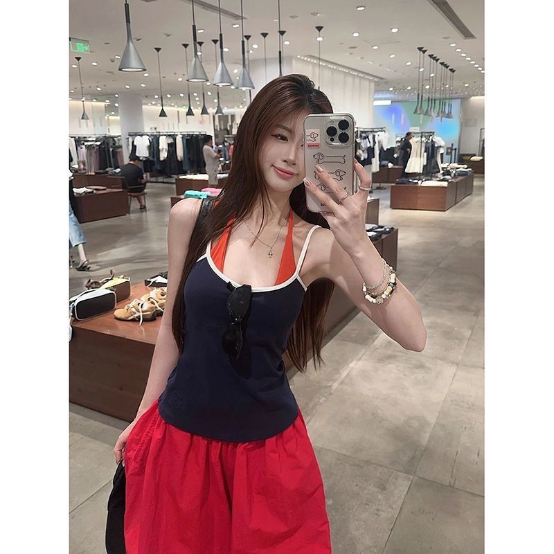Sexy Babes Splicing Fake Two Sling Vest Women Summer New Slimming Short Umbilly Clad Blouse