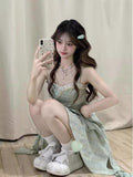 2025 Spring And Summer New Girl Wind Sweet Green Sleeveless Sleeveless Skirt Students To Collect Waist Thin Irregular Long Skirt
