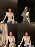 Autumn And Winter With A T-Shirt Slimming Temperament Pure Sexy Hottie Shirt V Collar Knot Long Sleeves Bottom Shirt