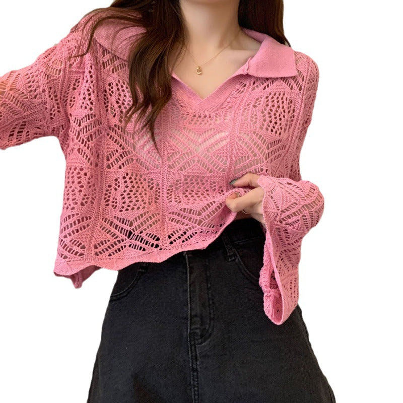 Kaning Hollow Design Hooded Long-Sleeved Knitted Shirt 2026 Autumn And Summer New Horn Sleeve Hottie Top Girl