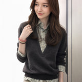 LEKA Collar Splicing Fake Two Knitted Top Women In Early Autumn Loose Leisure Lazy Wind Inside A Sweater