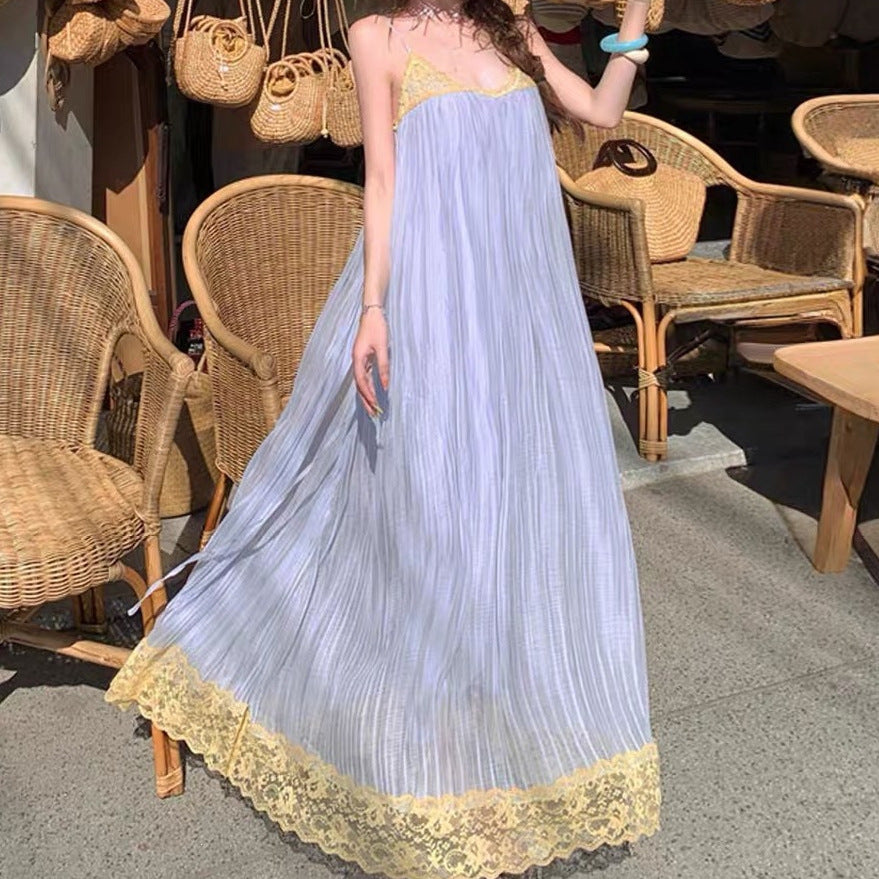 Summer Chiffon Splicing Lace Sling Dress Femininity Gentle Wind Loose Holiday Dress
