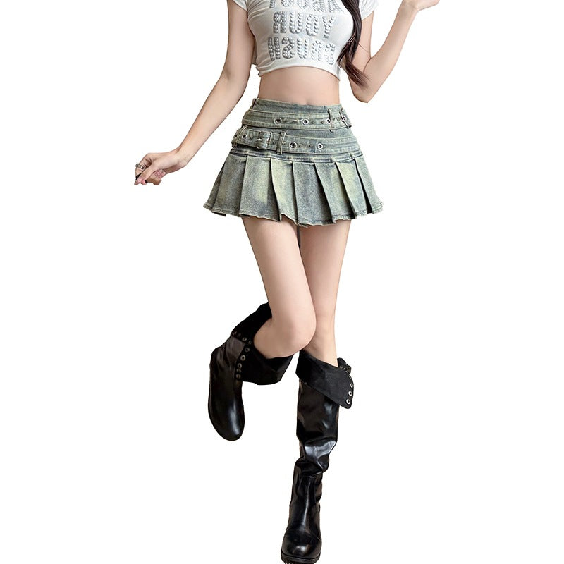 Real Shooting 2026 Pure-Hearted Hot Babes Design Elastic Denim 100-Folded Skirt Skirt