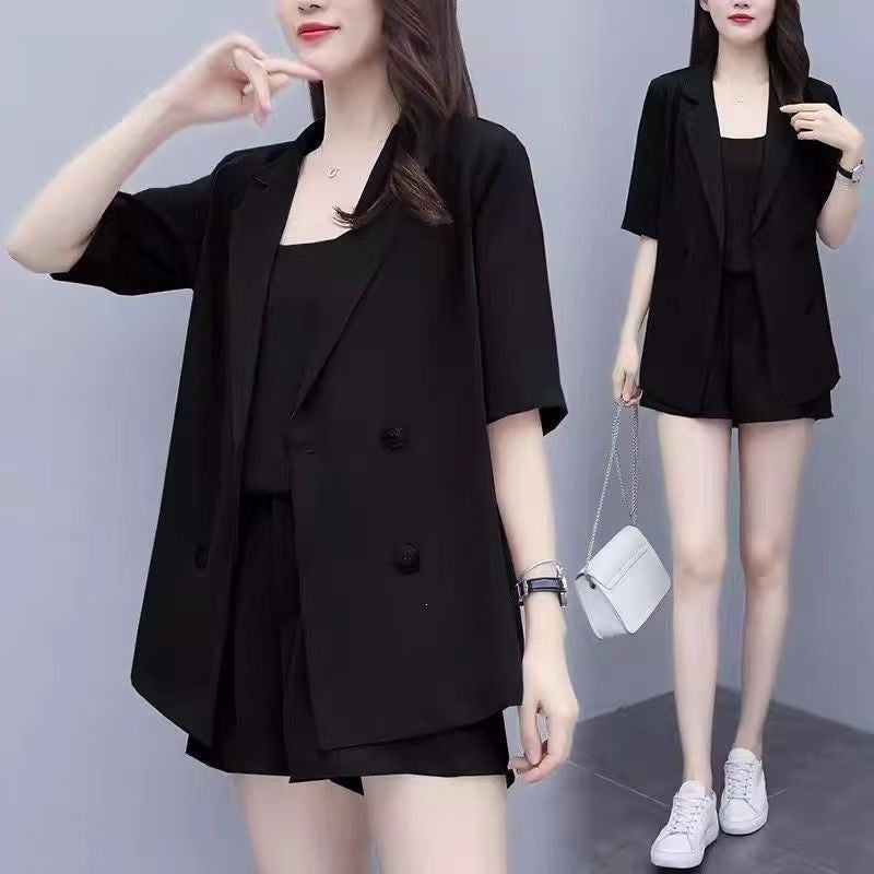 Large-Size Women's Summer New Meat-Covery Temperament Sling Suit Suit Jacket With Thin Shorts Three-Piece Set