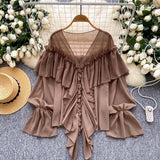 Fairy Top 2025 Summer Languid Temperament Famous Lotus Leaf Side Splicing Horn Sleeve Chiffon Shirt Loose Shirt