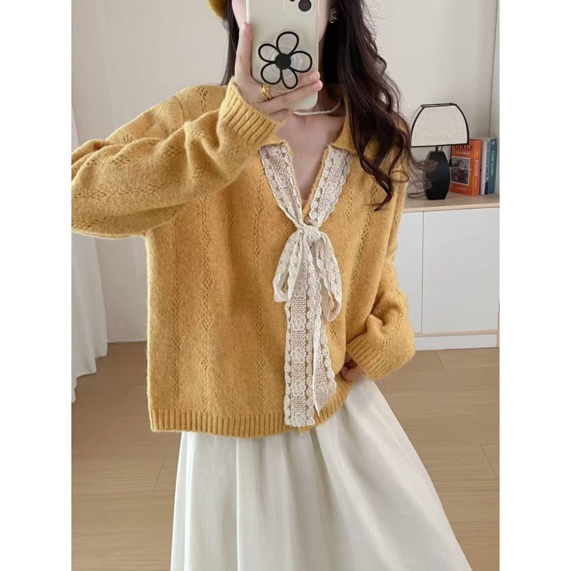 Kaning French V-Neck Bow Tie With Collar Knitted Shirt 2026 Autumn Dress Korean Wearing Lazy Wind Sweater