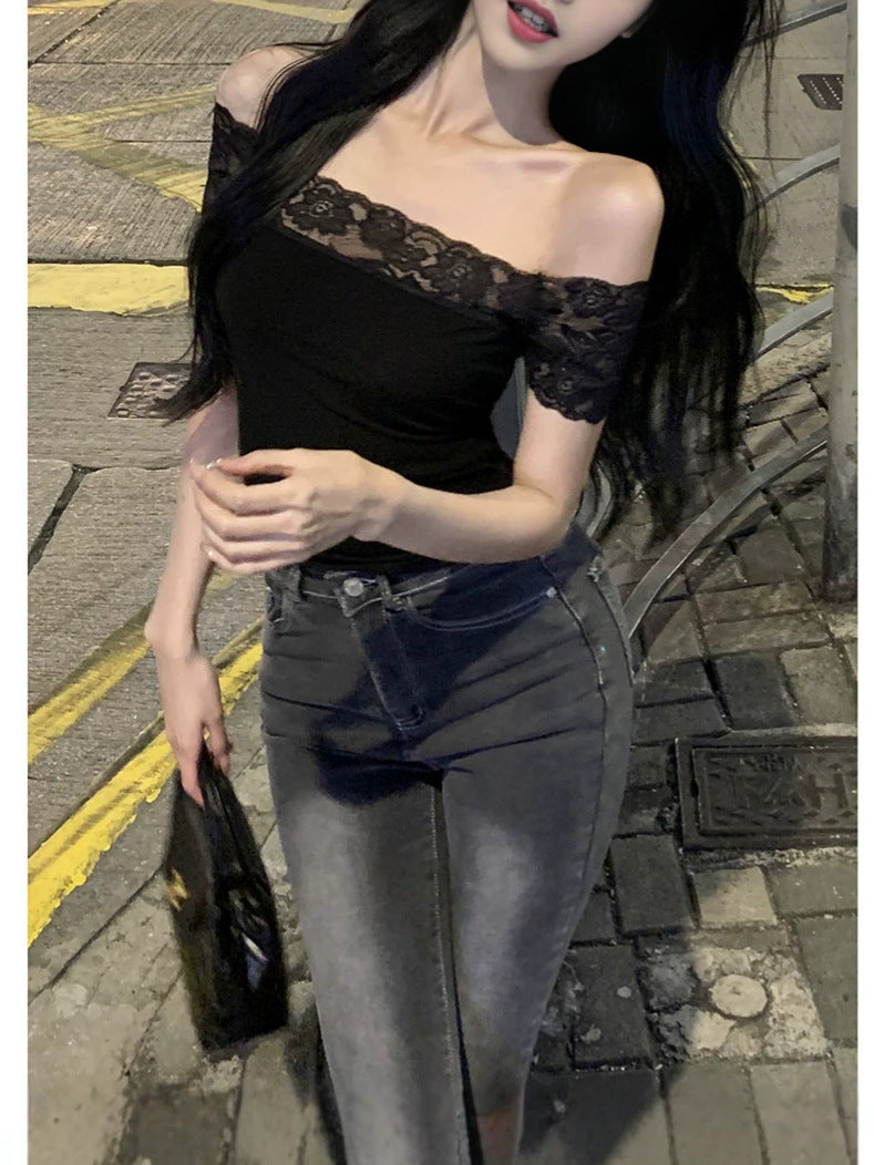 2026 Lace Splicing Sexy Bare Back Short Sleeve T-Shirt Girl Blue Slimming Hottie Thin Word Shoulder Short Model