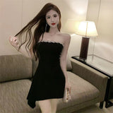 Hepburn Style Light Luxury French Word Out-To-Shoulder Sexy Hottie Dress Famous Year Dress Small Black Dress