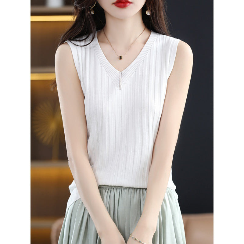 Ice Silk Knitted Sling Vest Women's Summer Suit With Bottom Top Sexy Fit Empty Sleeveless Shirt
