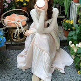 French Lace Splicing Pink Sling Dress Summer Holiday Style Gentle Long Dress Small Super Fairy Simple Young