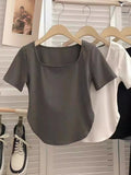 Pure Fashion French Small Sexy Pure Color Short-Sleeved T-Shirt Girl Summer Collar Umbilized Bottom Women's T-Shirt Tide