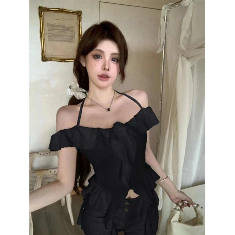 Spring New Lotus Leaf Side Apricot-Colored Shoulder Sling Vest Woman Sweet Style Slimming Inside A Short Coat