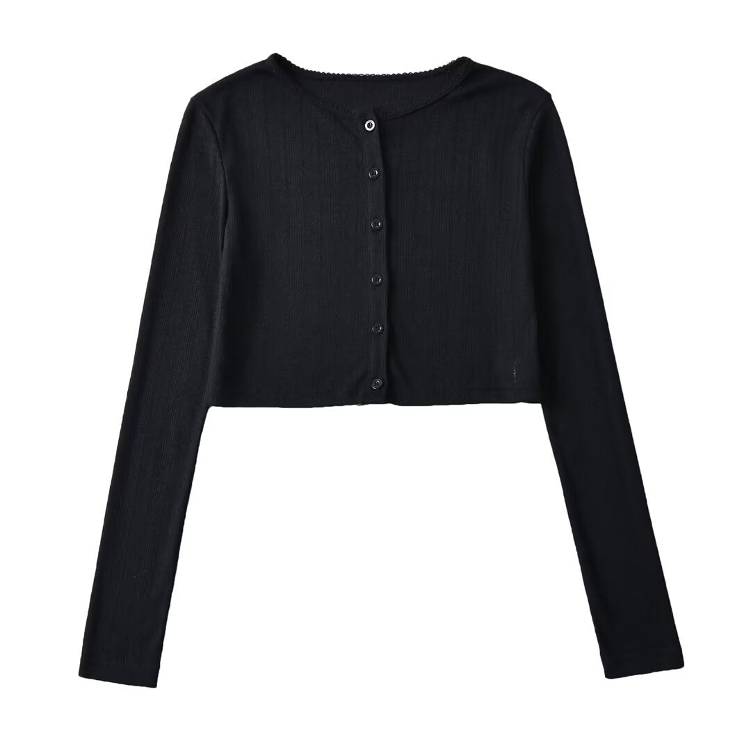 Summer Buckle Thin Coat Round Neck Long Sleeve Open Shirt Short Coat Sunscreen Air Conditioning Fashion Thin