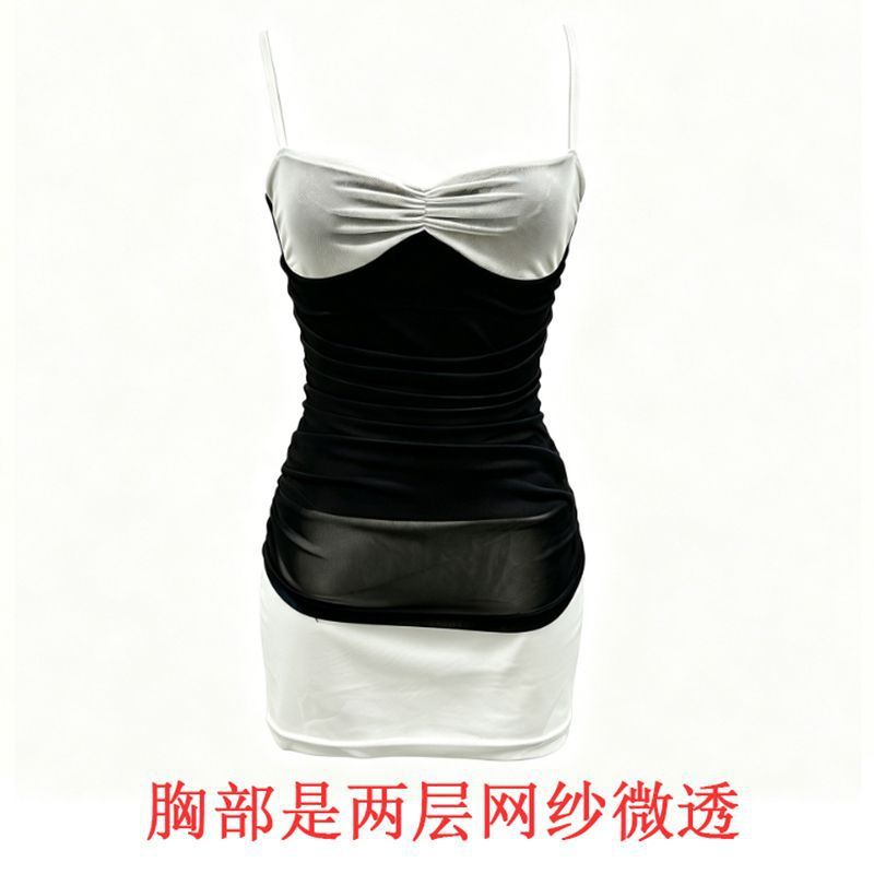 Design-Sensitive Splicing Sling Dress Women's New Summer Body-Repair Shoulder Strap Adjustable And Slightly Through The Left Over-Pack Short Skirt