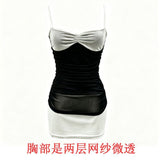 Design-Sensitive Splicing Sling Dress Women's New Summer Body-Repair Shoulder Strap Adjustable And Slightly Through The Left Over-Pack Short Skirt