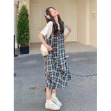Fake Two Lattice With A Dress Woman Summer Giant Good-Looking College Wind Leisure Relaxed Age-Covered Thin Skirt