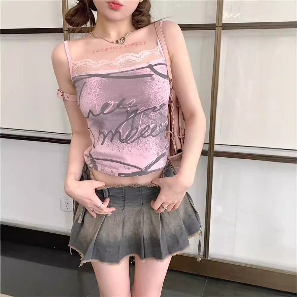 Temperament Sweet Hottie Sexy Sling Vest Summer New Lace Slimming Short Top