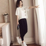Summer Large-Size Women's Loose Thin Casual Fashion Three-Dimensional Decorative Round-Neck T-Shirt + Black Harlan Pants Two-Piece Set