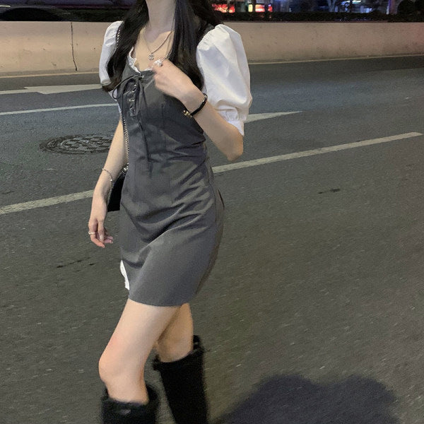 2025 New Fake Two-Piece Dress Women's Summer Gray Splicing Body Design Pure Passion Hot Girl Short Skirt