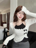 2026 Gray Design-Sensitive Bow T-Shirt Long-Sleeved Women Irregularly Open Shoulder Short Tops In The Spring And Autumn