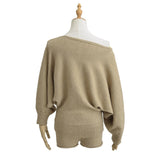 Autumn Maillard Wear Temperament Shoulder Sweater Oblique Shoulder Design Loose Knit Shirt Shorts Two Sets Of Women