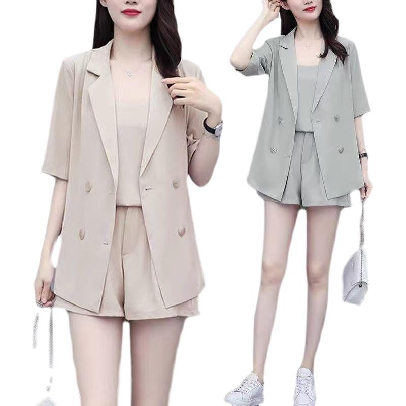 Large-Size Women's Summer New Meat-Covery Temperament Sling Suit Suit Jacket With Thin Shorts Three-Piece Set