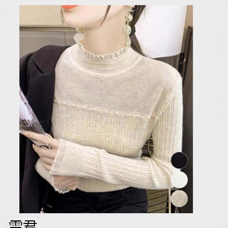 KANING Stylish Stylish Temperament Pearl T-Shirt By Lace Knitted Shirt Half-Led Sweater