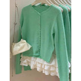 KANING High-End Feel Apple Green Lace Knitted Cardigan 2026 Outside With A Loose Lazy Sweater Jacket