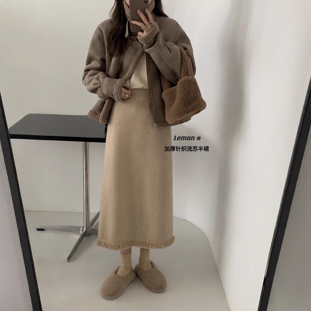 Autumn And Winter New French Retro Fragrant Tweed Knitted Half-Dress Girl With High Waist Long Straight Skirt