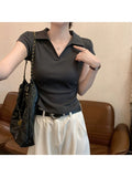 Hottie Sexy Slimming Shoulder T-Shirt Girl Short Sleeve Design Irregular Folds Short Polo Shirt Top