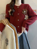 KANING Korean Round-Neck Three-Dimensional Flower Knitted Open Shirt 2026 Autumn And Winter New Lazy Wind Stifling Sweater Jacket
