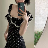 Summer Pure Want To Collect Waist Thin Lace Splicing Low Collar Lotus Black Wave Dot Long Dress Woman