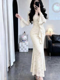 Sexy Purple V-Neck Lace Dress Femininity Bodybrets With Hip Dress Fishtail Dress