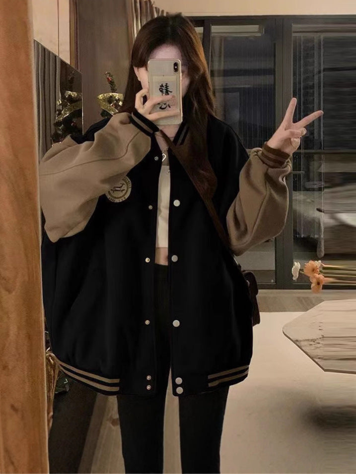 Lazy Style Baseball Uniform Women's Spring And Autumn Winter Warm Retro Leisure Sweater Women's Clothing Tide