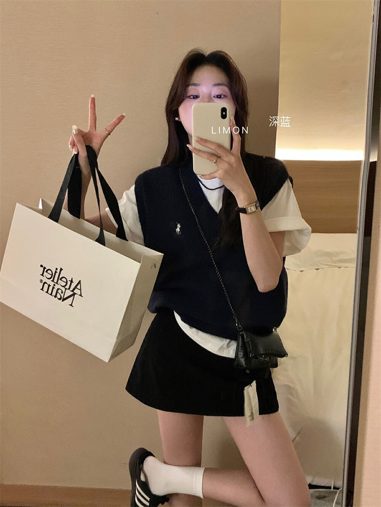 Green Tea Small Pony Embroidery Han Ling Wearing Chic Chic Folding Vest College Blouse