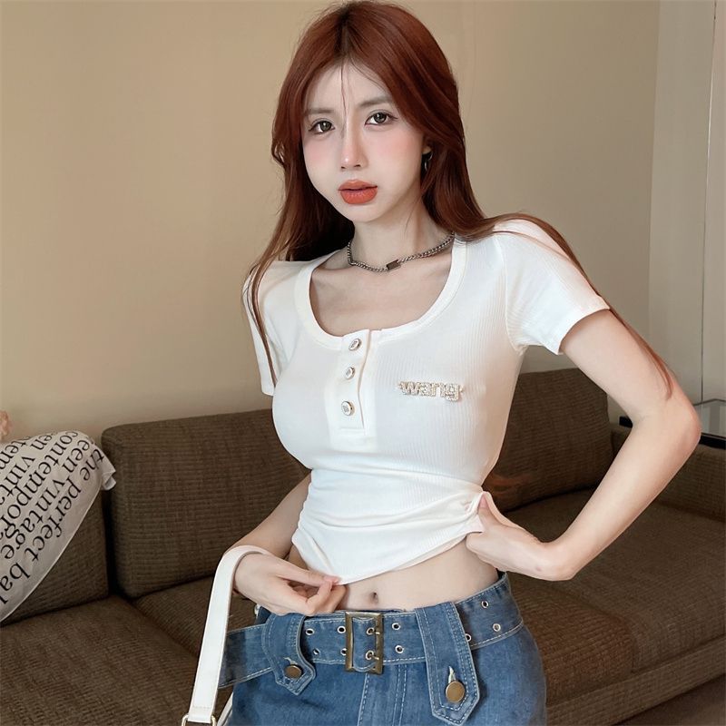 Summer Pure Style Sexy Button U Collar Short-Sleeved T-Shirt Design Design Slimming Chic Top
