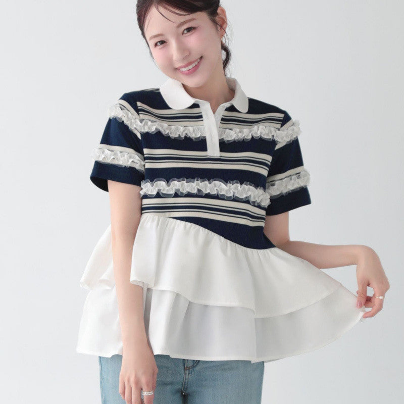 New Summer Cotton Striped Short-Sleeved Splicing Lotus Side Coat Fashion High-End Breathable Top