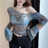 Letter-Print Fainting Net Yarn Shoulder Long-Sleeved T-Shirt Girl Spring Hot Girl Wind Tight Short Fashion Top