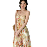Sexy Pure Want To Break The Flower Sidet Shoulder Strap With Hanging Neck Dress Women's Summer Holiday Wind Pressure Ruffled Large Swing Dress