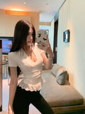 Little Sexy Hottie V Collar Pure Lust Lace Splicing Short-Sleeved T-Shirt Girl Summer Slimming Design Blouse