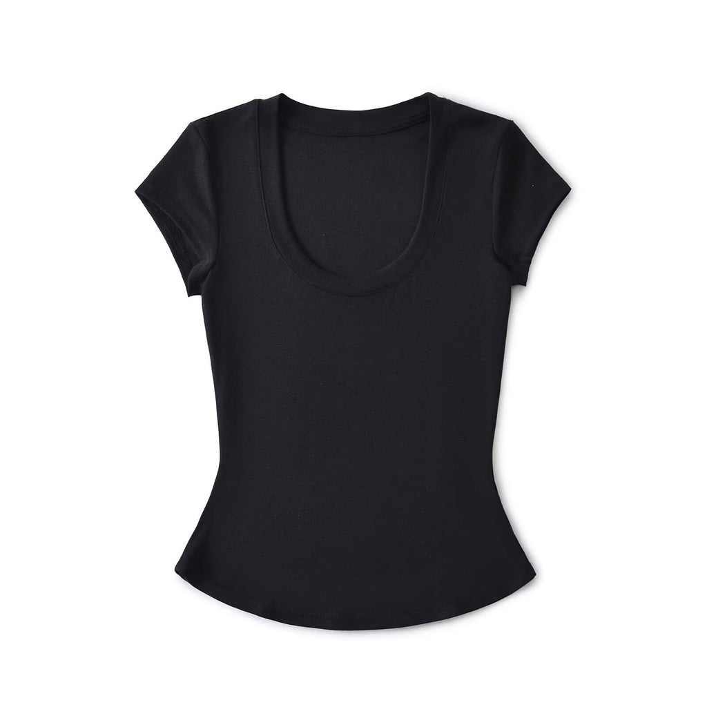 Pure Breeze Summer Cool U Collar Short-Sleeved T-Shirt Thening Waist Thin Bottom Half-Sleeved Top Sexy Comfortable