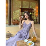 French Retro White Purple Sling Dress Women's Summer New High-End Feeling Waist Show Body Long Skirt