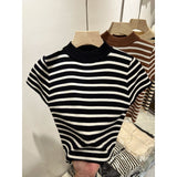 Half-High-Necked Striped Knitted Flying Sleeves To Fix The Little Shirt Girl's Short-Sleeved Bottom Shirt