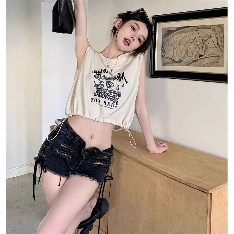 Vintage Babes Shoulderless T-Shirt Girl Summer Small Loose Thin Short Rope Waistcoat
