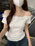 Sexy Pure Desire A Word Shoulder Collared Ears In The Ear Of The Wave Point Short-Sleeved T-Shirt Girl Summer Hottie Cut-Down Top Girl T