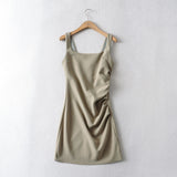 Ins French Retro U Collar Folds On The Chest And Net Face A-Word Dress