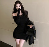 Pure Style Sexy Slanted Shoulder Long-Sleeved Dress Women Autumn And Winter New Design Lace Splicing Body Ass Skirt